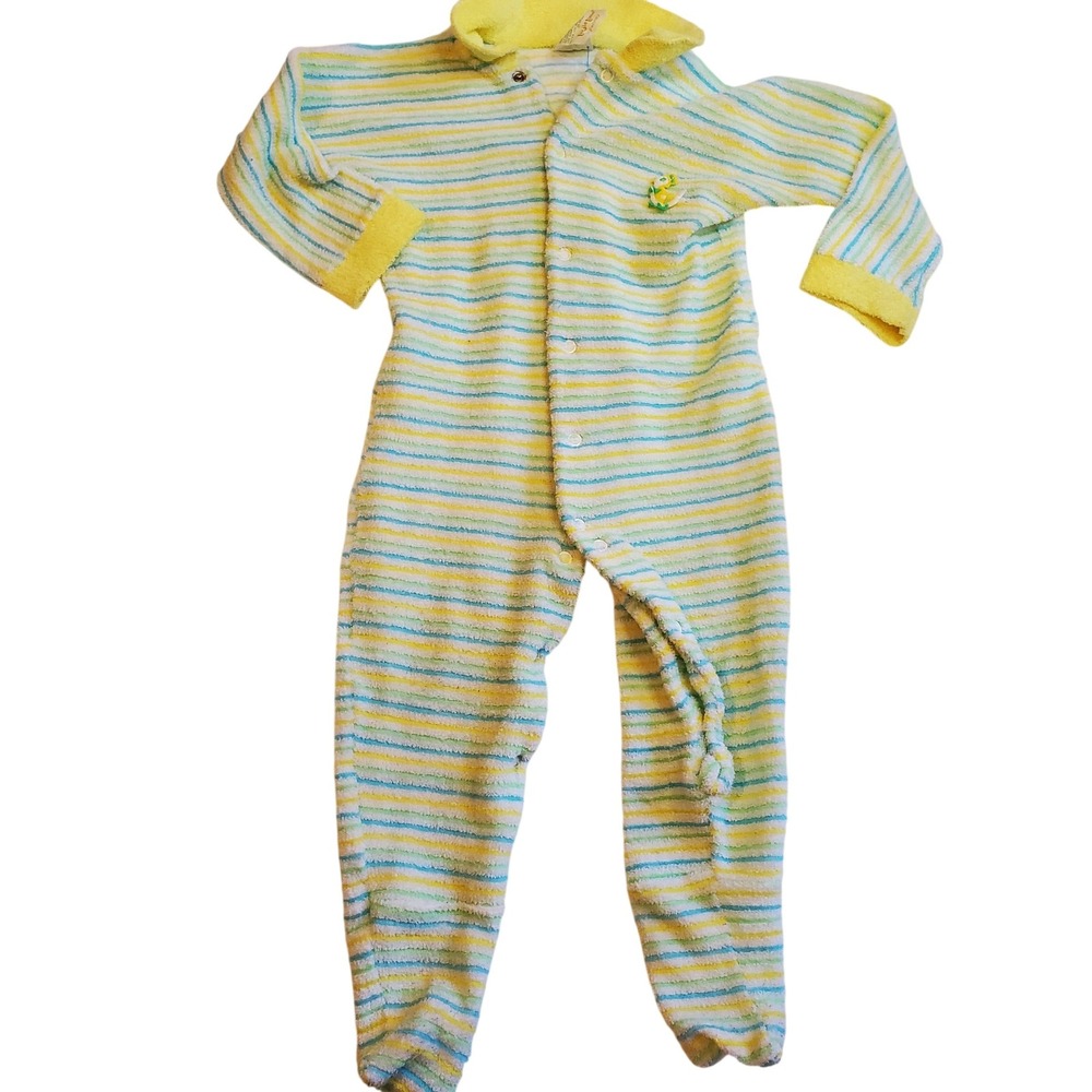 Vintage Toddler JCPenney Footed Pajamas Striped Yellow Blue Green‎ White